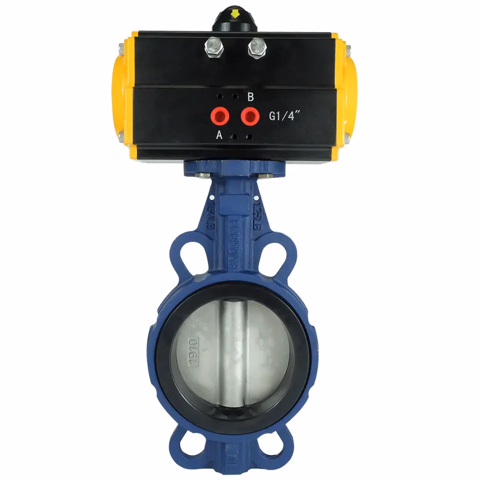DN100 Pn16 EPDM Rubber Seat Wafer Type Ductile Iron Double Acting Pneumatic Actuator Butterfly Valve