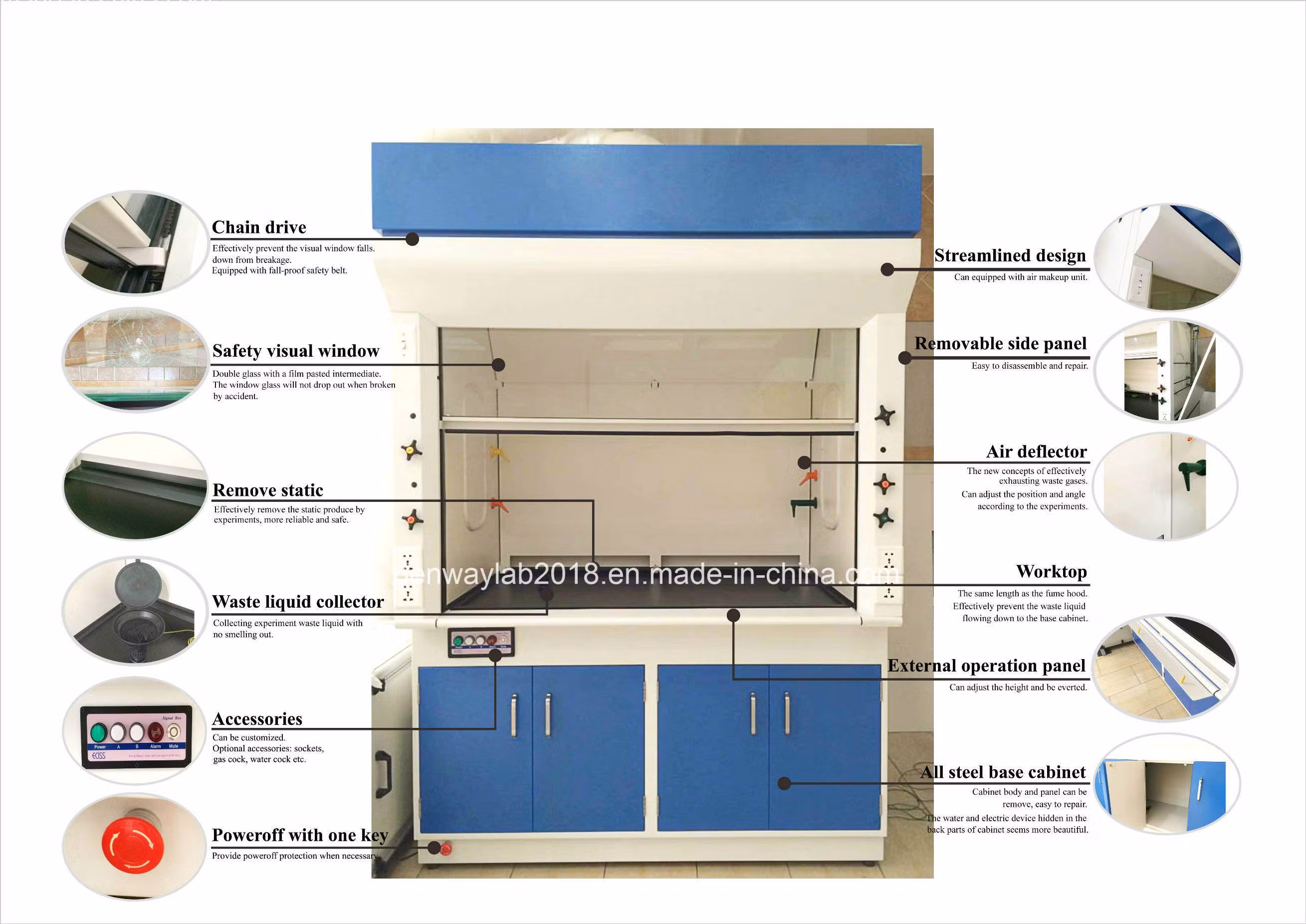 Penway Lab L1500 /1800mm Laboratory Fume Hood with Vertical Sash, Optional for Gas & Water Outlet and Fixture 50/60 Hz, 110/230V