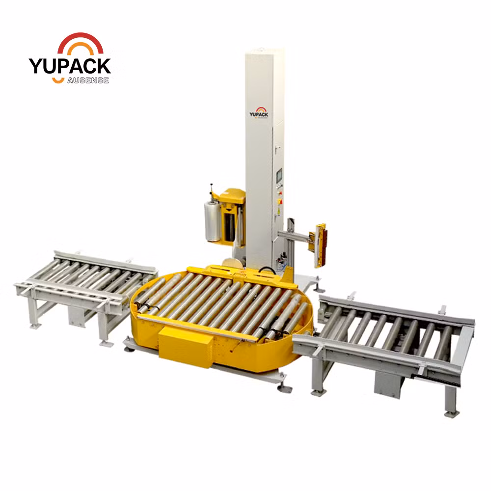 Fully Automatic Inline Stretch Film Pallet Wrapping Machine with Conveyor Turntable System