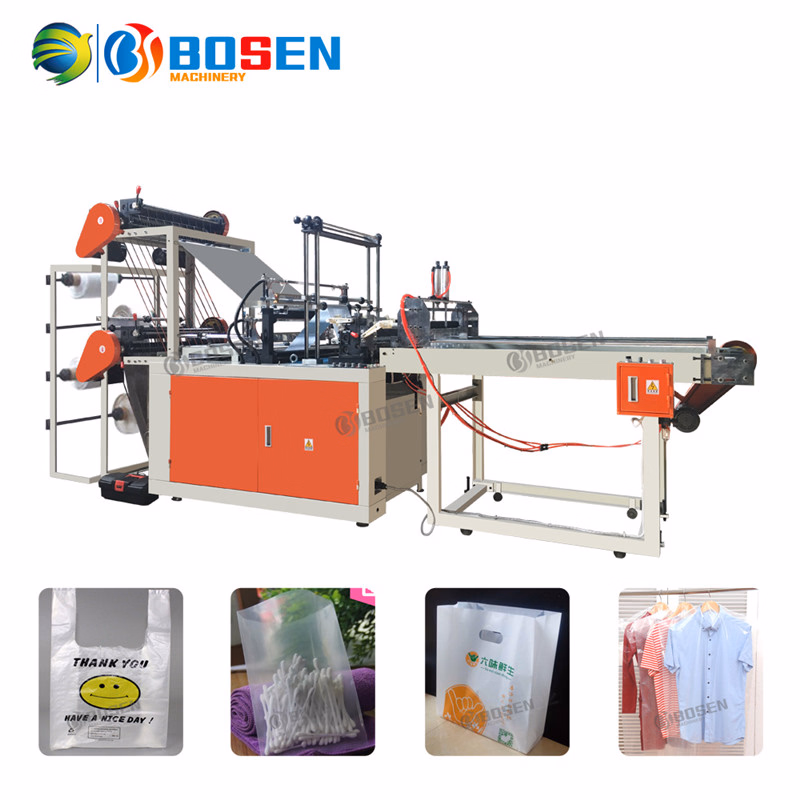 Automatic 2 Layers 4 Lines Garbage Shopping Carry Handle Bottom Sealing Cold Cutting Plastic Bag Making Machine with Conveyor
