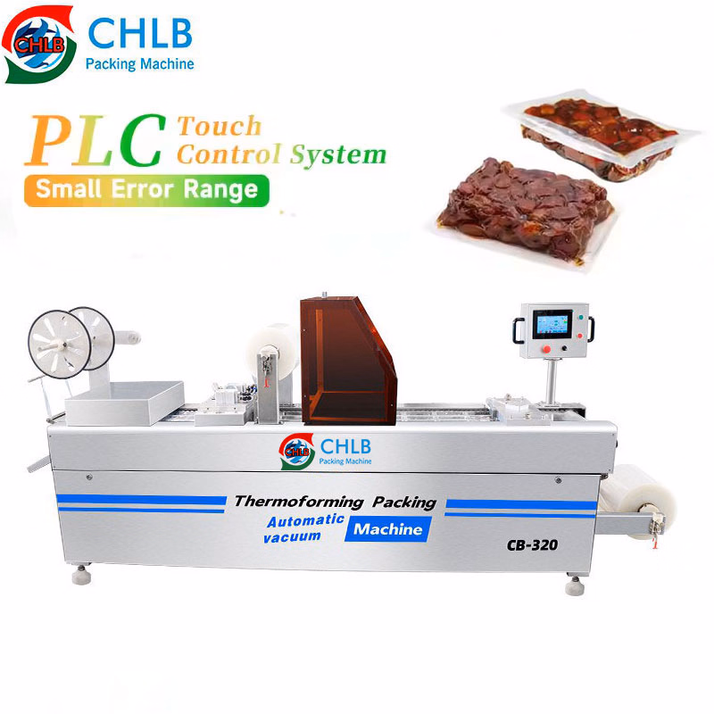 Full Automatic Bacon Sausage Meat Food Continuous Thermoforming Vacuum Packaging Machine