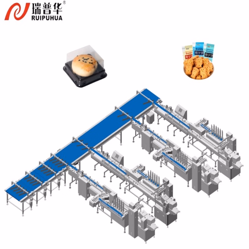 Multi Function Mooncake Bread Cake with Tray Plastic Bag Pillow Packing Machine Automatic Tray Loading Packing Line