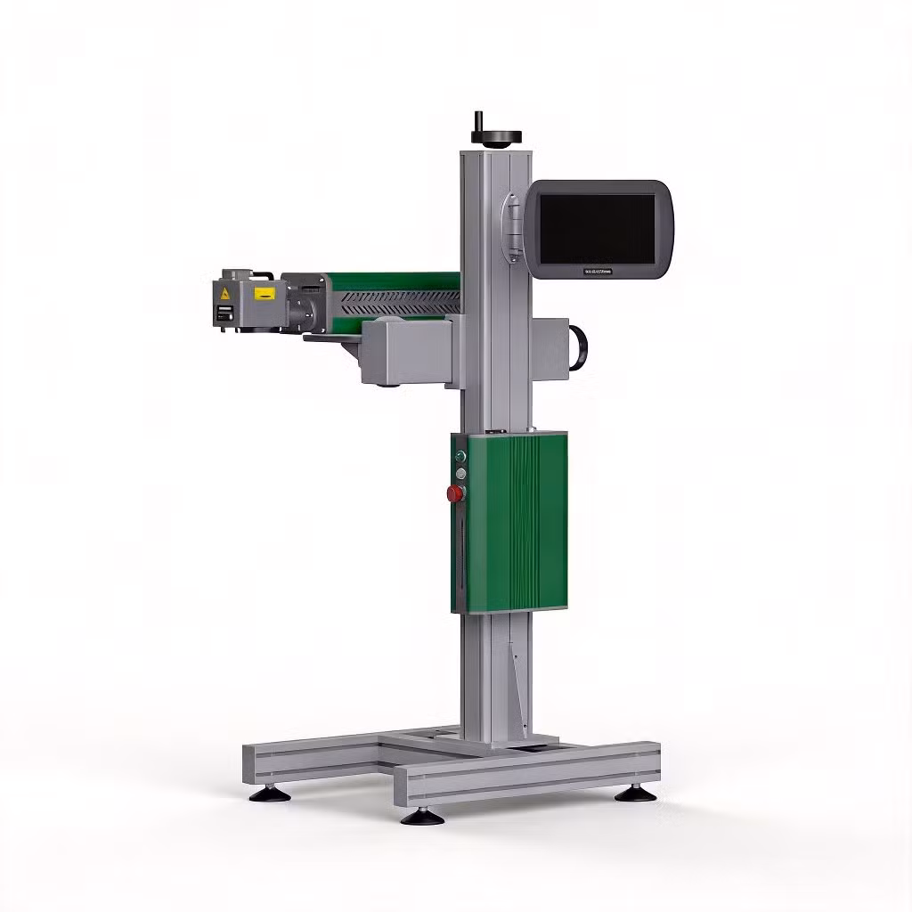 High Speed Stock Ready Industrial Carbon Dioxide CO2 Laser Marking Machine for Plastic Glass Metal Bottles Cans Bags Cosmetics Food Beverage Permanent Marking